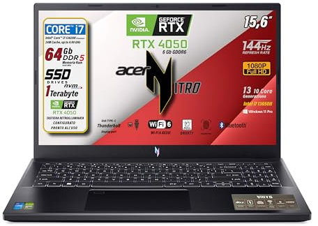 acer Nitro Notebook Gaming, Cpu Intel Core i7 13620H, Ram 64Gb DDR5, 1 Tb, Display 15,6 IPS 144Hz, NVIDIA GeForce RTX 4050 6Gb GDDR6, Tastiera Retroilluminata e Fingerprint, Preconfigurato