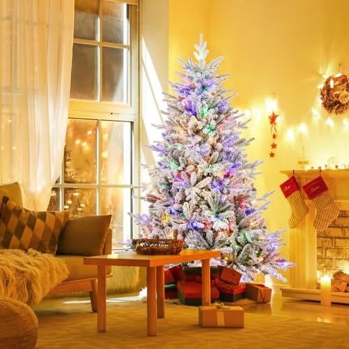 COSTWAY Sapin de Noël Artificiel Lumineux LED 180 cm, 8 Modes d'Eclairage, Lumières LED Multicolores, 820 Branches Articulées avec 260 LED, Arbre de Décoration Pré-éclairé pour Fêtes, Maison, Bureau