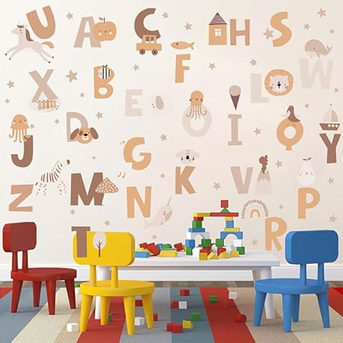 Vomika Tier-Alphabet-Wandaufkleber, 26 Großbuchstaben-Wandaufkleber mit niedlichen Tieren, abziehen und aufkleben, Wandaufkleber für Kinderzimmer, Schlafzimmer, Wohnzimmer