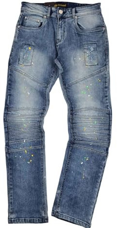 Men's Distressed Denim Jeans with Paint Splatter Design, Stone Wash Blue (UK, Waist & Inseam, 32, 33, Blue)