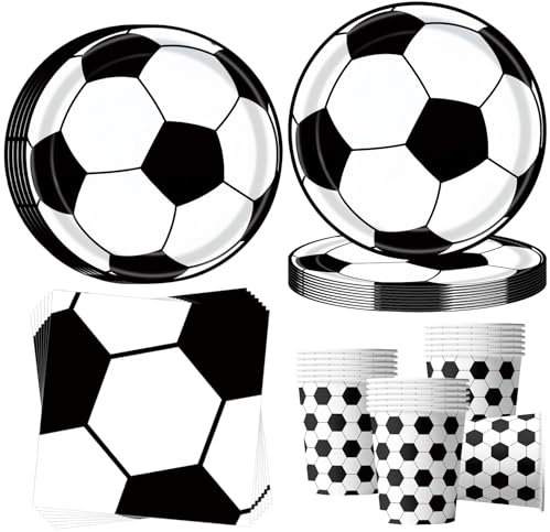 OMZSXK Vajilla de fiesta de fútbol para 16 invitados, color blanco y negro, plato de fiesta de fútbol, vajilla decorativa de cumpleaños, platos de papel, servilletas, niñas, niños, fiesta temática,
