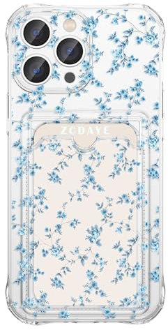 ZCDAYE Floral Clear Case for iPhone 14 Pro with Card Holder, Elegant Cute Flower Woman Phone Case, Soft TPU Shockproof Protective Phone Cover for iPhone 14 Pro (6.1 inches), Elegant Blue