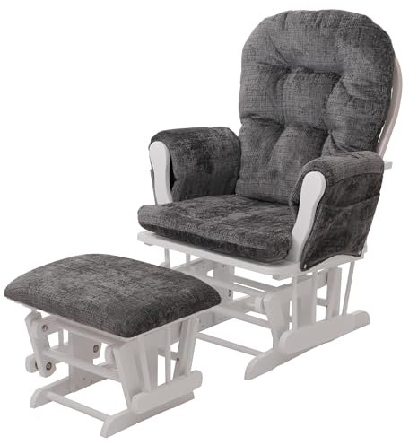 Mendler Relaxsessel HWC-C76, Schaukelstuhl Schwingstuhl mit Hocker Stoff Chenille (465g/m²) Öko-Tex - dunkelgrau, Gestell weiß