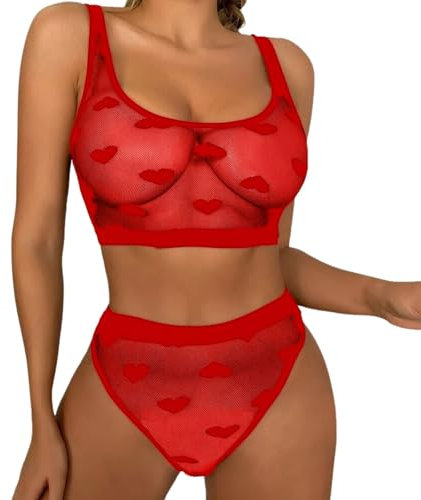 PARUPRUP Women's Sexy Lingerie Set 2 Pieces Sheer Mesh Love Heart Print Bra Panty Underwear See Through Naughty Babydoll Lingerie (Red, L)