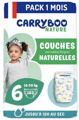 CARRYBOO - Windeln, Größe 6, 16-30 kg – Ökologische Babywindeln – natürliche Babypflege, hypoallergen, ohne Parfüm und auslaufsicher – – 102 Einwegwindeln – 1 Monat
