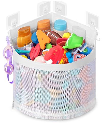 APAKA Rangement Jouet Bain, Filet Jouet Bain Bebe avec 5 Compartiments, Sac Rangement Jouet Baignoire, Organisation de Jouets en maille, Organisateur de jouets de bain avec 4 Crochets Adhésifs, Blanc
