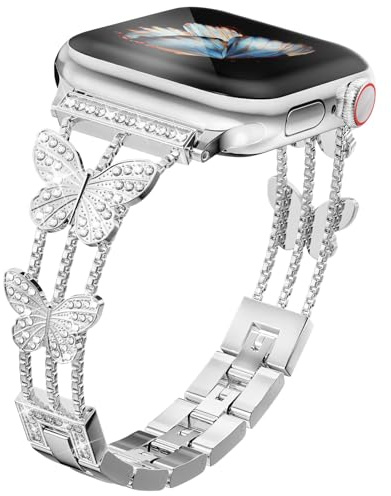MaEiol Metall Armband für Apple Watch 49mm /45mm /44mm /42mm /46m(Series 11/10), Ersatzarmband Schmetterling Glitzer Strass Kristall Damen für iWatch Ultra/SE/Series 11 10 9 8 7 6 5 4 3 2 1, Silber