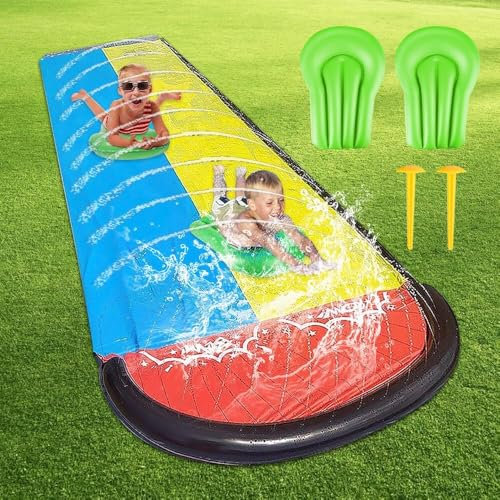 Double Wasserrutsche mit 2 Bodyboards，184.3in x 57.1in (468 x 145cm) Rasen-Wasserrutsche, Inflatable Water Slide für Kinder und Erwachsene, Sommerspielzeug mit eingebautem Sprinkler für Garten und Au