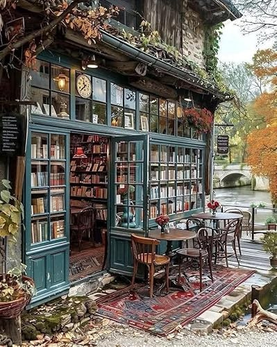 Yunruily Buchhandlung Malen Nach Zahlen Erwachsene-Paint by Numbers Kits for Adults,Bookshop Paint by Numbers for Adults Canvas for Gifts zur Heimdekoration,Kein Rahmen (40cmx50cm)