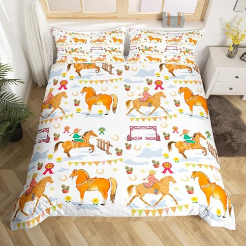 Homewish Bettbezug 140 x 200 cm, Mädchen, Pferde, Bettwäsche für Kinder, 1 Person, Rennpferd, Bettbezug-Sets Cow-Girl, Bettdecke, rustikale Bauernhoftiere