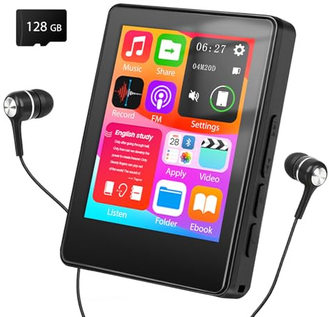 Taichaeu 128GB MP3 Player mit Bluetooth - 2.4 in Full Touch Screen, FM Radio, Recorder, HiFi Sound, One-Tap Mute Key, Unterstützt Erweiterung bis zu 512GB, Wired Headset im Lieferumfang Enthalten