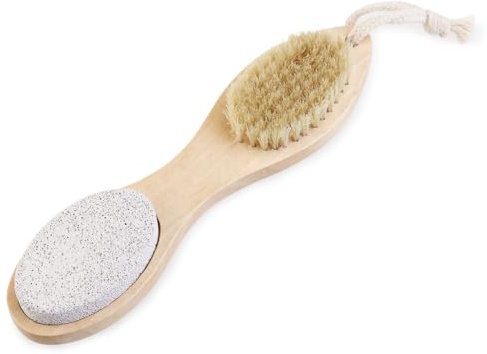 4-in-1 Fuß Bimsstein Fußbürste mit Hornhautreduzierer und Nagelbürste | Holz und Stahl, für Dusche und Pediküre, für Fersen, Nägel und Aufhängung