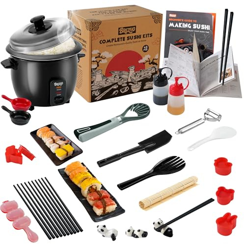 Brezlio Sushi Maker Set – Sushi teiliges DIY Set für Anfänger mit, Onigiri Former, Bambusmatte & Zubehör （Rot）