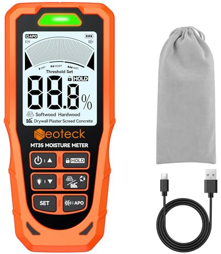 Neoteck Pinless Feuchtigkeitsmesser Digitaler Feuchtigkeitsmesser mit 3-farbigem LCD-Warnsystem, akustischem Alarm für Holz, Trockenbauwände und Beton