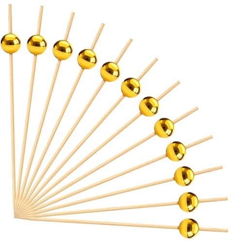 JJUNW 100 Pcs Cocktail Sticks, 4.7 inch Cocktail Picks with Gold Pearl, | Fancy Wooden Toothpicks Bamboo Skewers for Appetizers Charcuterie Sandwich Fruit Party Decor