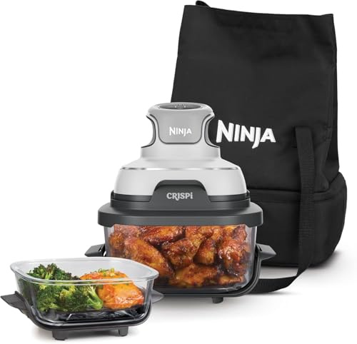 Ninja CRISPi, Friggitrice ad Aria Portatile, 3.8L, 4 in 1, Bianca, FN102EU | 4 in 1: Frittura, Cottura Arrosto, Mantiene Cibo Caldo e Croccante, Compatta, 2 Contenitori Vetro Rimovibili, 1700W