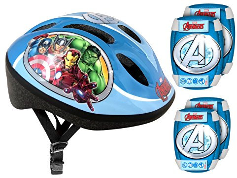 Stamp Casque Coudieres Genouilleres, Set di Protezione Composto da caschi + Ginocchiere e Gomiti per Bicicletta-Avengers Ragazzo, Blu, 52-56 CM
