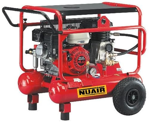 Nuair - Compresseur d'air mobile essence 5,5CV 4kW 2x10L 10 bar - WARRIOR 103-5.5S-HONDA - Roues larges, Arceau supplémentaire pour levage - Rouge