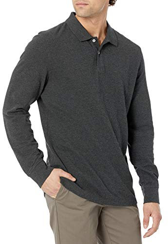 Amazon Essentials Men's Slim-Fit Long-Sleeve Pique Polo, Charcoal Heather, L
