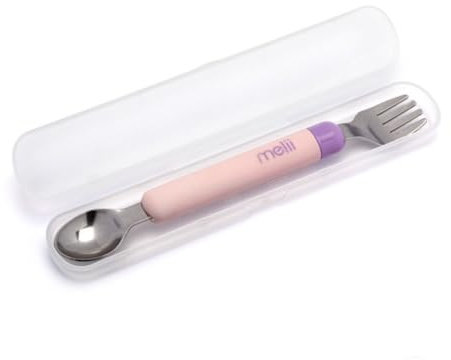 MELII set de cubiertos infantiles con estuche de transporte, set de cuchara y tenedor desmontables para niños y bebes, acero inoxidable y mangos de plástico libre de BPA - rosa/morado