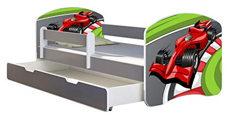 ACMA Kinderbett Jugendbett mit Einer Schublade und Matratze Grau mit Rausfallschutz Lattenrost II (06 Formel 1, 180x80 + Bettkasten)