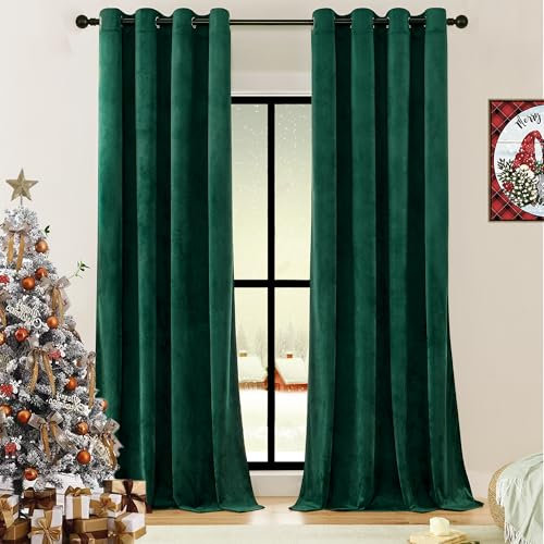 Timeper Lot de 2 Rideaux occultants en Velours à Isolation Thermique avec œillets, décoration de Vacances pour Porte coulissante/Villa, 132,1 x 274,3 cm (l x L), Vert foncé