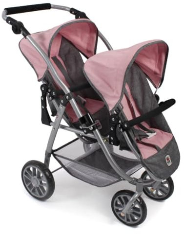 Tandembuggy Vario, Zwillingsbuggy für Zwei Puppen, Puppenwagen für Kinder von 4 bis 8 Jahren, Melange Grau-rosa