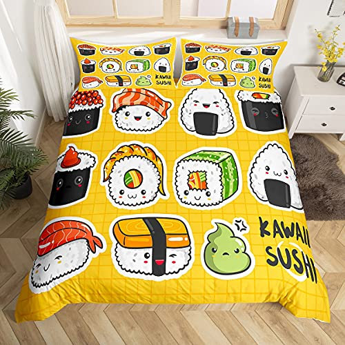 Enfants Mignon Sushi Motif Parure de Lit 140x200cm Style Japonais pour Filles Dessin Animé Sushi Japonais Housse de Couette Respirant Grille Jaune Parure À Carreaux Housse de Couette Room Decor