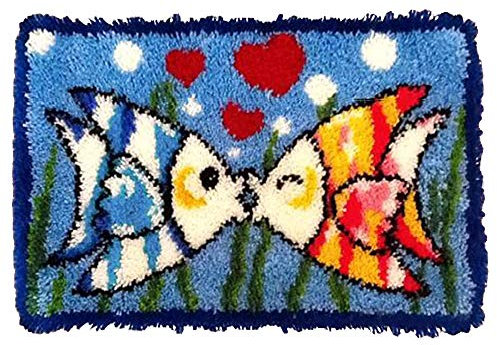 ROCKY&CHAO Knüpfteppich Zum Selber knüpfen, 50x38cm Knüpfsets Latch Hook Kit Selbst Knüpfen Set für Kinder und Erwachsene (Fisch küssen)