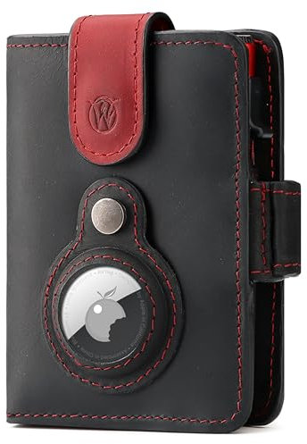 Will Fire® Smart Wallet Herren mit Airtag-Fach & Photokapsel | Inkl. Airtag Anhänger | Echtleder Airtag Wallet mit Münzfach & Scheinfach | RFID Schutz | Bis zu 12 Karten | [Black-Red, Wildleder]