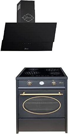 GURARI Set de cuisinière GCH E 612 BL r + GCH D 268 BL 6 Prime, rétro induction, 60 cm, Range Coocker, 60 L, noir + hotte aspirante, hotte murale 60 cm, 1000 m3/h, noir, hotte aspirante