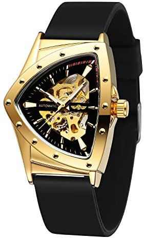 FORSINING Wasserdichte Skelett-Armbanduhr für Herren, dreieckig, mechanisch, mit Silikonarmband, Gold und Schwarz 2, Modern