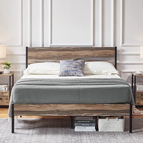 VECELO Double Bed Frames 4ft6 Platform with Wood Headboard, Steel Slats Support, Mattress Foundation, No Box Spring Needed, Noise-free, Under-bed Storage