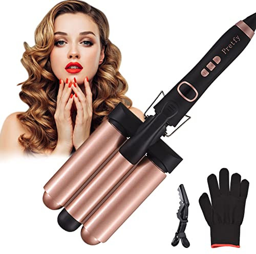 Pretfy 3 Barrels Hair Curler 32mm Curling Iron Hair Waver 1.25 Curling Tongs Mermaid Wand Beach Waves LCD Display, Adjustable Temperature from 60~220 °C Wave Curlers for Medium Long Hair, Auto-Off