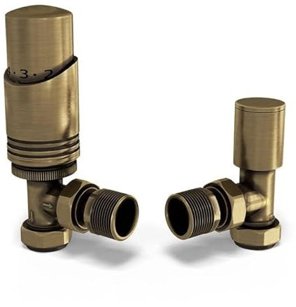 UK Radiators Antique Brass Radiator Valve 15mm Angled Lockshield Valve in Antique Brass and Brushed Finish - Classy and Modern Design 1/2 x 15mm Angled Radiator Valve