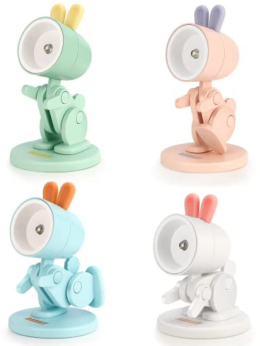 Mini Nachtlicht, 4 Stück Cute Led Kaninchen Nachtlicht, Kreative Cartoon Haustier Faltbare Kleine Tischlampe mit Batterie und Handyhalterung, Augenpflegende Lampe, Tragbar Verstellbares Nachtlicht