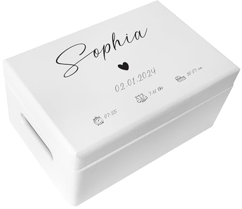 Creative Deco Weiße Erinnerungsbox Baby Personalisiert Herz mit Namen | 30 x 20 x 14 cm | Individuelle Erinnerungskiste Geschenk zur Geburt für Mädchen und Jungen | Holzkiste mit Deckel | Farbdruck