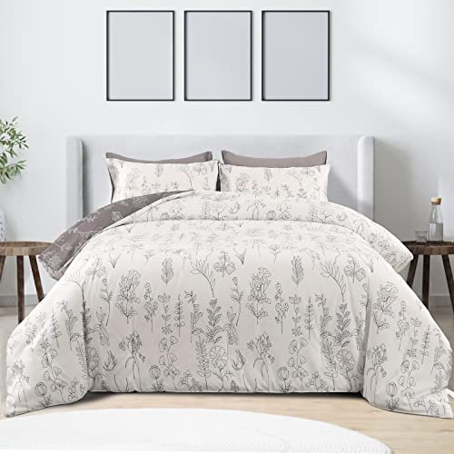 Qucover Bettdecke 135x200cm mit Bezug aus Mikrofaser Füllung 230 GSM Weich 4-Jahreszeiten Bettdecken mit 1 Kissenbezug Bedruckte Pflanzen Muster Wende-Steppdecke Weiß & Grau (135x200+50x75*1)