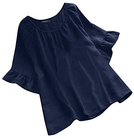 Leinenbluse Damen,3/4 Arm Knopfleiste Grün Einfarbig Rundhals Oberteile Leinen Blusen Shirt Elegant Loose Hemdbluse Langarmshirt Mode Lose T Shirt Pullover Tops Sommertops