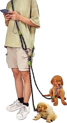 Hands Free double ended lead for dogs 7.5ft Rope Dog lead for Two Dogs Reflective for Large Medium Small Dogs Walking, Jogging and Running Black