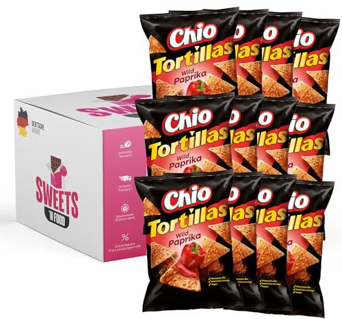 Chio Tortillas Chips Wild Paprika – Knuspriger Snack, 12 x 110g Packung | + Mit stylishem SWEETS´N FOOD Packband verpackt