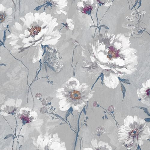auxua Grau Selbstklebende Tapete Blumen 600CMx44.5CM Blumentapete Vintage Floral Klebefolie Wandtapete Wasserdicht Klebetapete für Schlafzimmer Wohnzimmer Möbelfolie Dekorfolie Wallpaper
