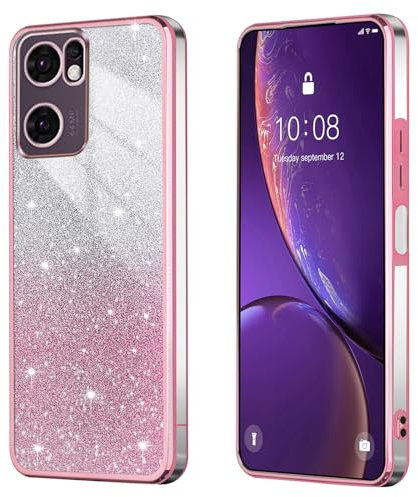 BEEJTUNY Handyhülle für Oppo Find X5 Lite/Reno 7 5G, Weiche und Schöne Hülle mit Glitzeraufkleber, Transparente Bumper Schutzhülle, Stilvolle Stoßfeste Hülle. Rosa
