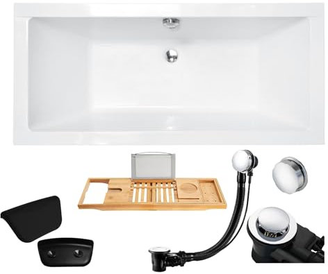 BADLAND Badewanne Original Weiß Acryl Wanne Rechteck QUADRO 155x70 KOMPLETTSET SET + Bambus Ablage + Kopfstütze + Füßen und Exklusive Chrom Automatik Ablaufgarnitur Made in EU 5in1