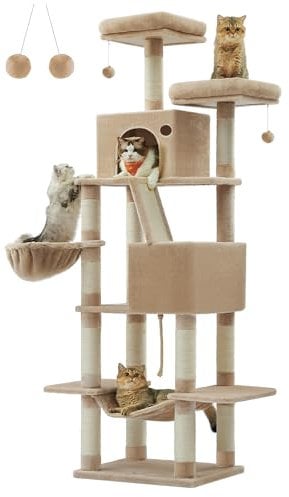 Feandrea Kratzbaum, 81,1 Zoll großer Katzenturm mit 13 Kratzstämmen, 2 Sitzstangen, 2 Höhlen, Korb, Hängematte, Pompons, mehrstufige Plüsch-Katzenhütte für Indoor-Katzen, Kamelbraun UPCT190K01