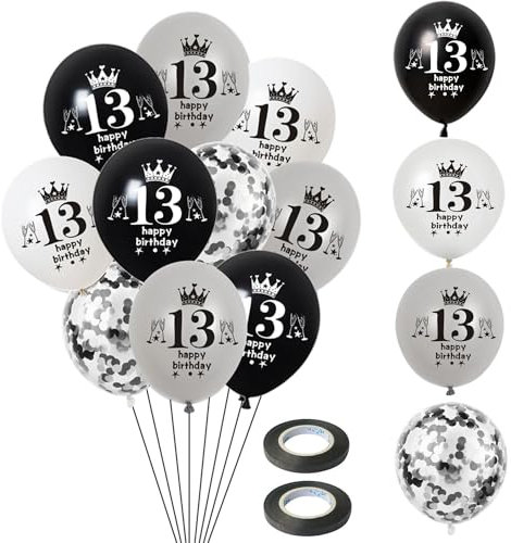 Luftballon 13. Geburtstag Jungen Mädchen Deko 14 Stück Schwarz Silber weiß Ballons 13. Geburtstag Dekoration 13 Latex Ballon Geburtstagsdeko 13 jahre Mädchen Junge Party deko