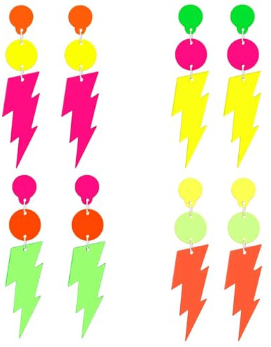 Goiern 4 Paar 80er Neon-Ohrringe für Frauen Bunte Blitz-Acryl-Hängelrringe Retro Geometrische Hängelohrringe Neon-Ohrringe Stapel für 80er-Outfit Leuchtparty Halloween