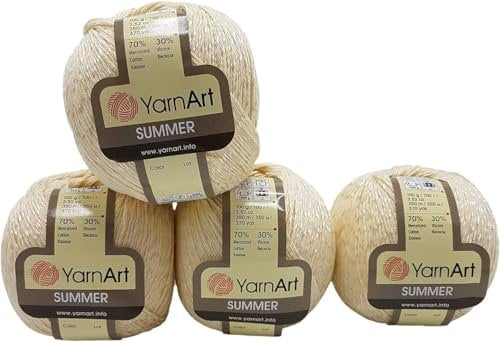 4 x 100 Gramm Summer Strickgarn, 4 x 100 Gramm 70% merzerisierter Baumwolle und 30% Viskose, einfarbig (creme 06)