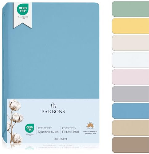 BARBONS Spannbettlaken für Baby/Kinderbett - 100% Jersey-Baumwolle Oeko-TEX Standard 100 Zertifiziert 60x120cm Bettlaken für Babybett (Hellblau)