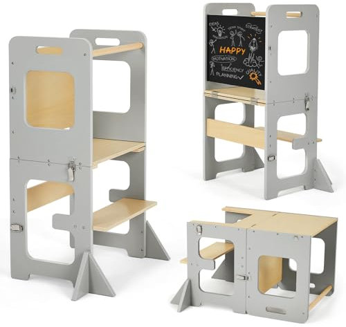 Labebe Lernturm für Kinder, Montessori Learning Tower mit Tafel, Multifunktion 3 in 1 Faltbarer Lernturm, Lernturm ab 1 Jahr für Küche Tisch Bad Lerntower(Grau)